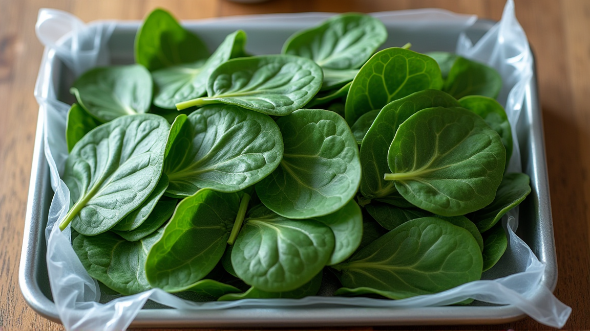 冷凍用保存袋に平らに詰められたカット済みほうれん草