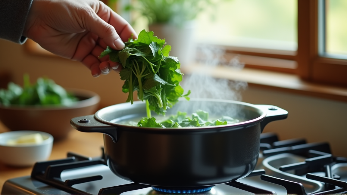鍋の味噌汁に凍ったほうれん草を入れる様子