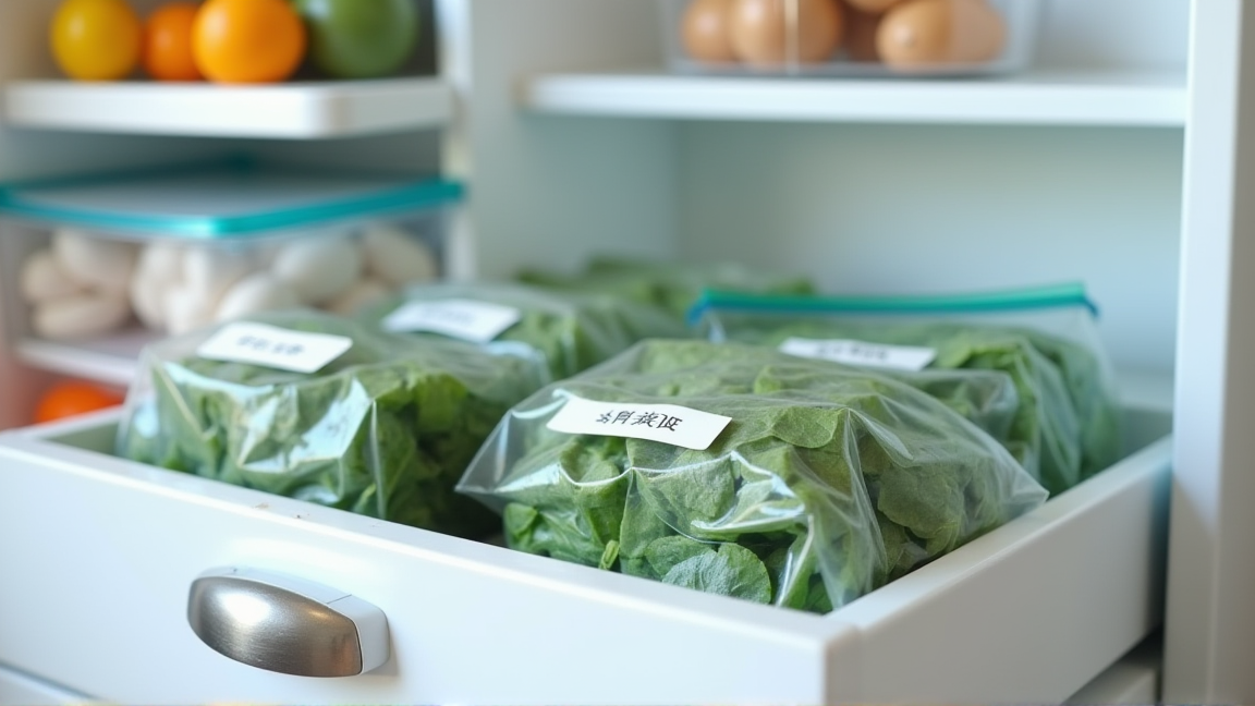 冷凍庫に整理して並べられた保存袋入りの野菜