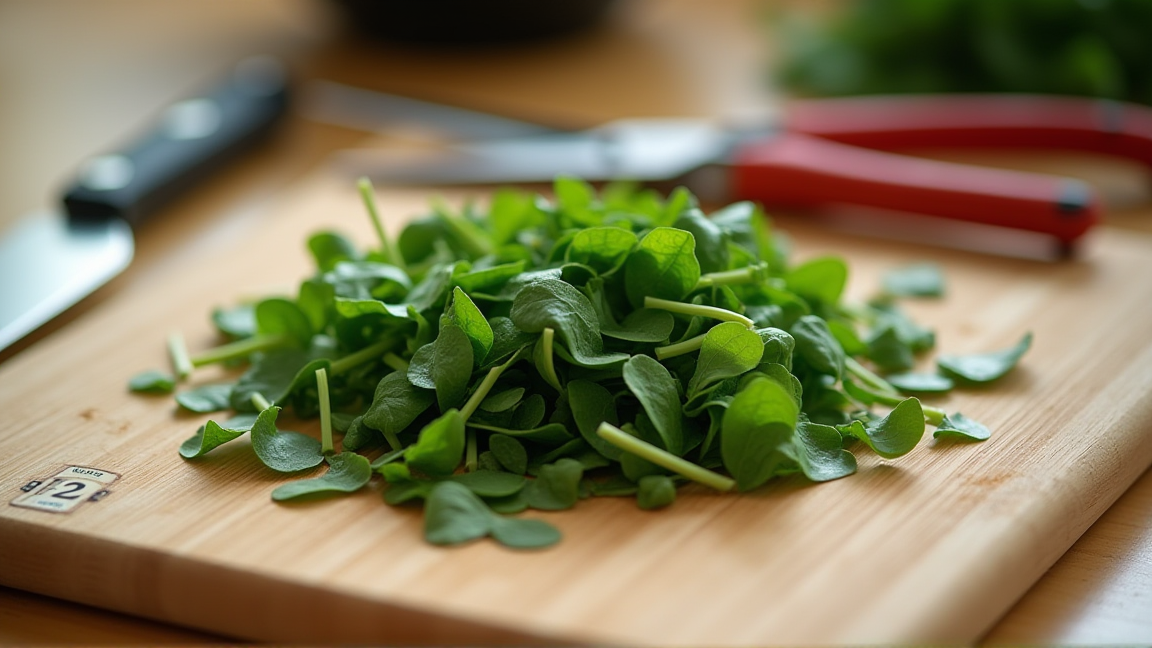 木のまな板に刻まれたほうれん草とキッチンバサミ
