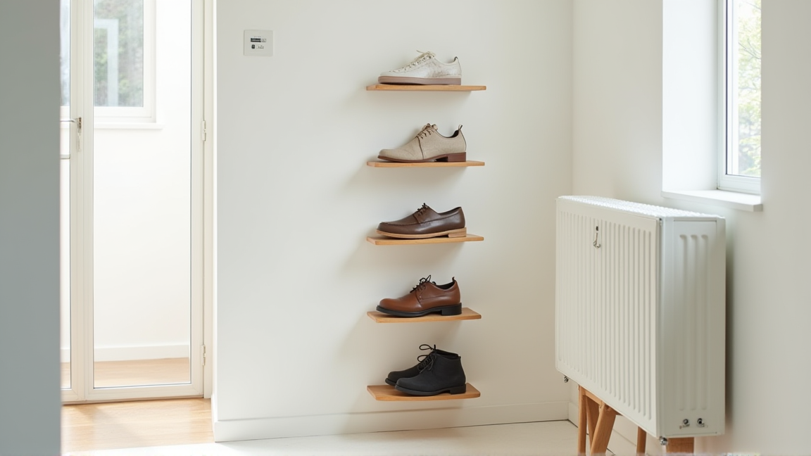壁に取り付けられた薄型のシューズラック