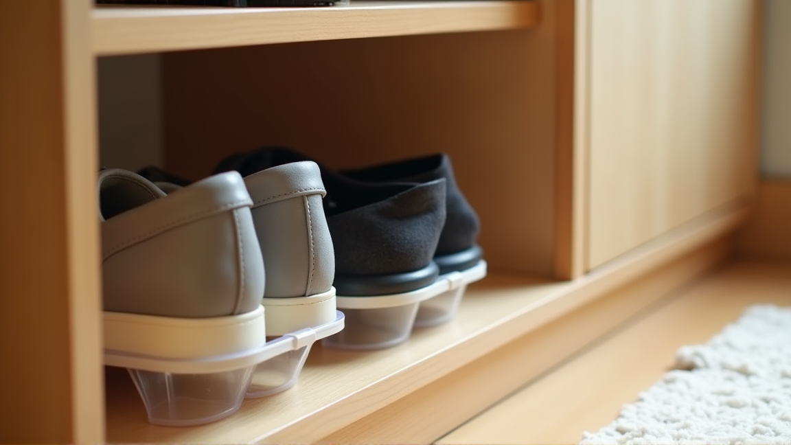 100円ショップのシューズホルダーに重ねて置かれた靴