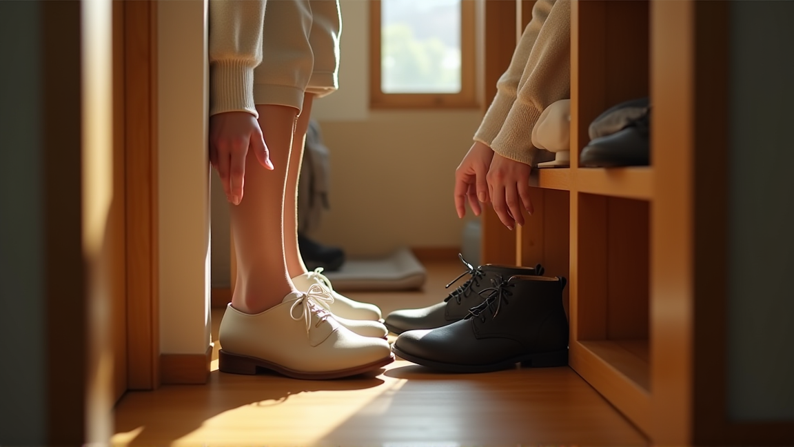 玄関で靴を整理する人の手元