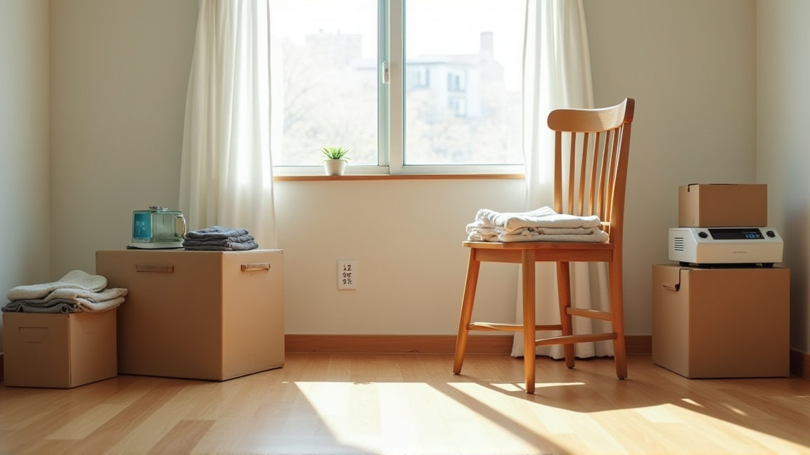 仕分け前のリビングに積まれた段ボールと家具