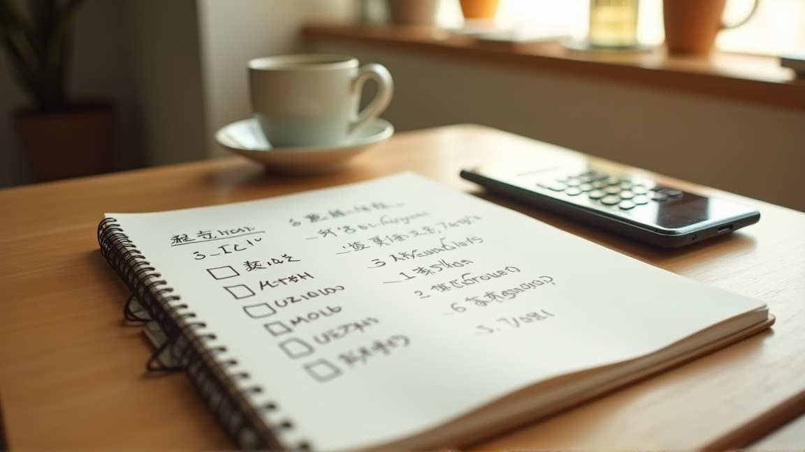 チェックリストと電卓で費用を比較する様子