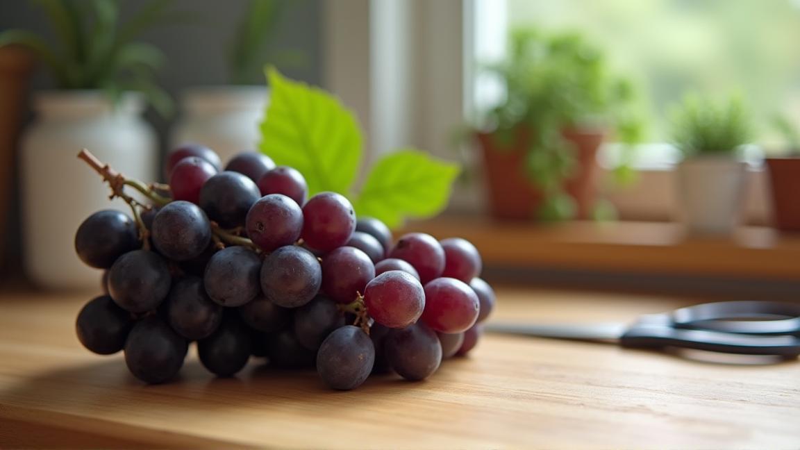 キッチンに置かれた房のぶどうとキッチンバサミ
