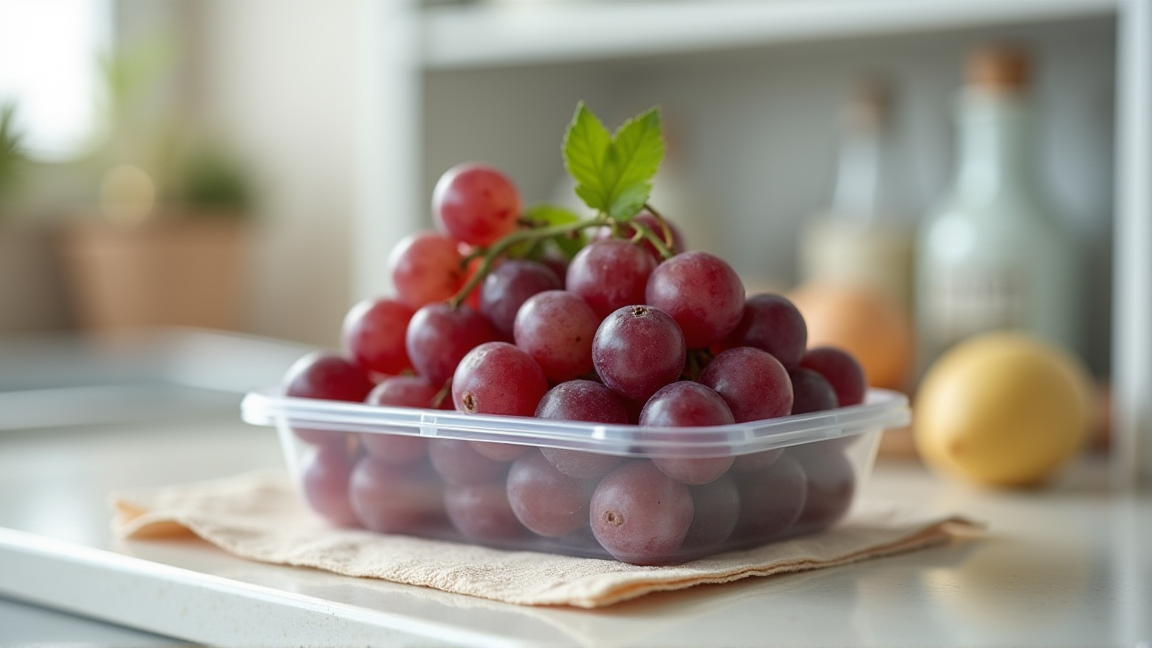 保存容器に並んだぶどうの粒とキッチンペーパー
