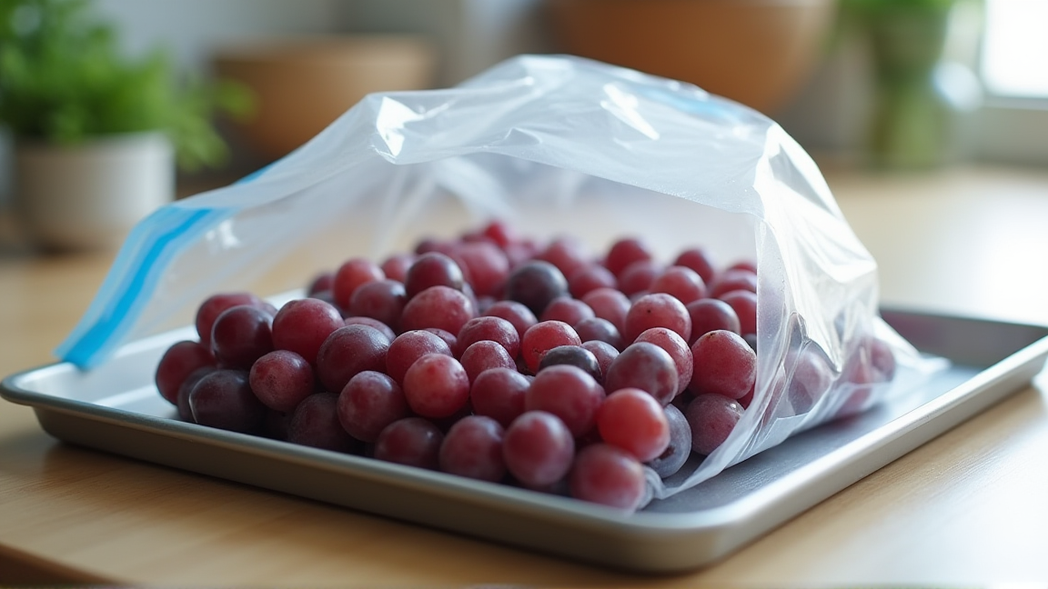 冷凍用保存袋に並んだぶどうの粒
