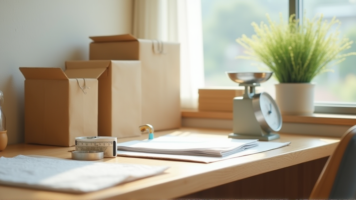 梱包材と封筒、メジャーが並ぶ作業机の俯瞰