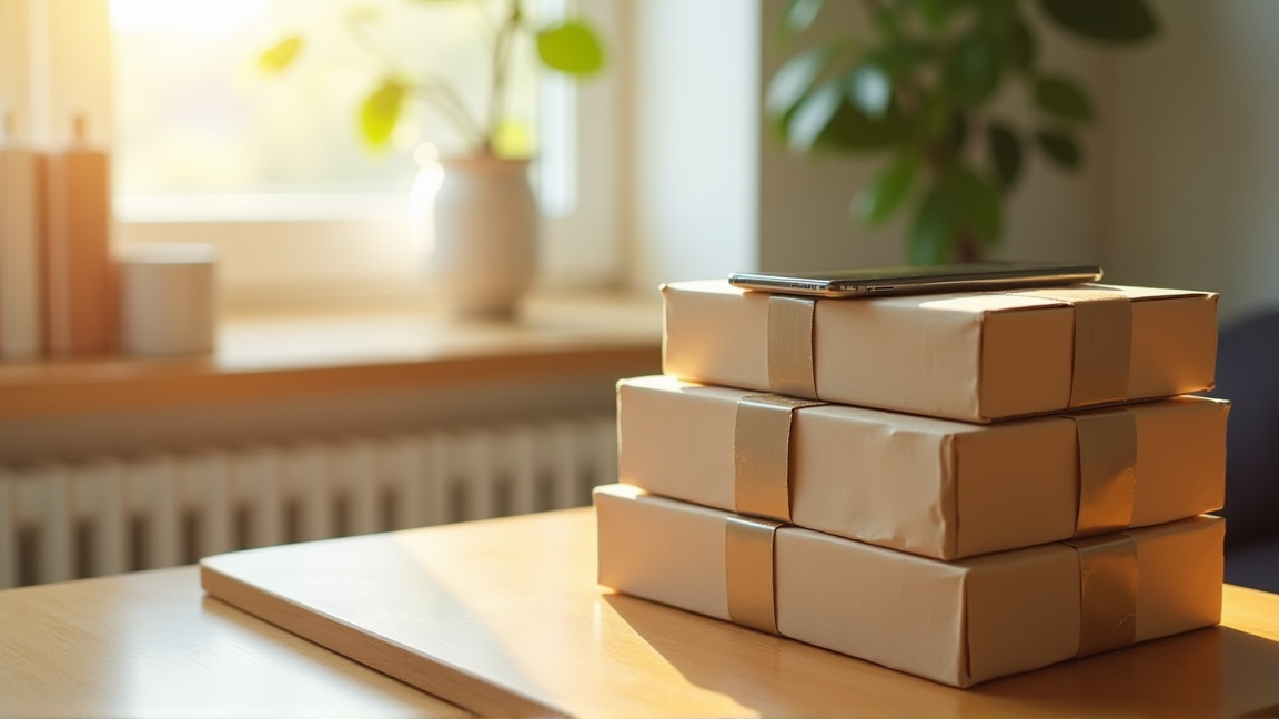 発送準備が整ったパッケージとスマホ