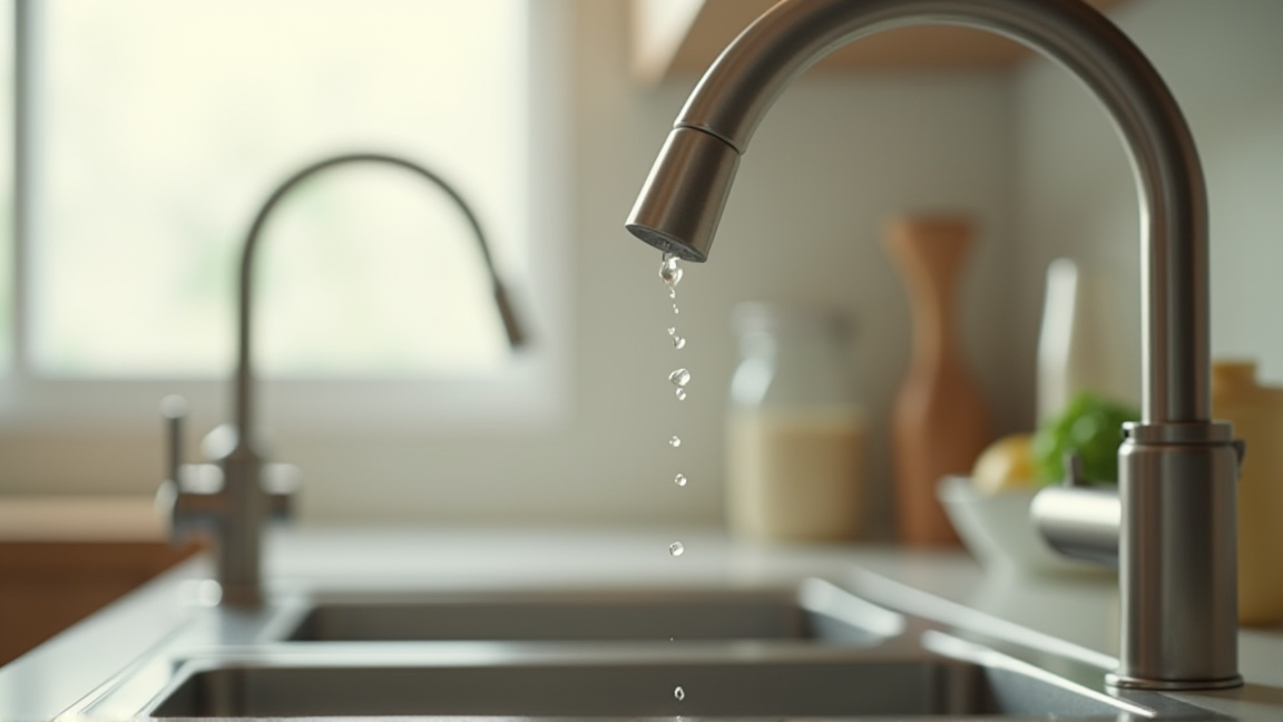 蛇口の先端からポタポタと水滴が落ちている様子