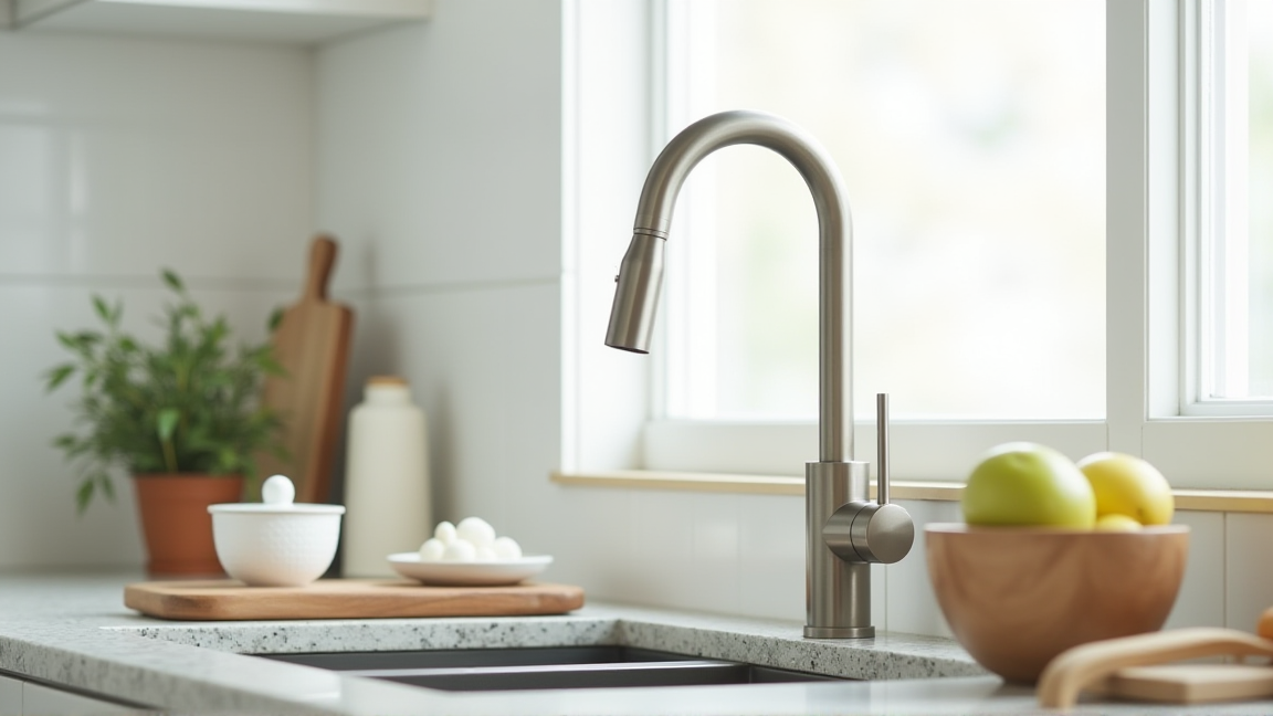 キッチンのシングルレバー混合栓のクローズアップ