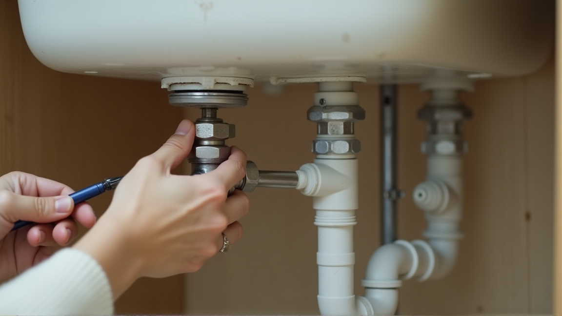 水道の止水栓を工具で閉めている手元