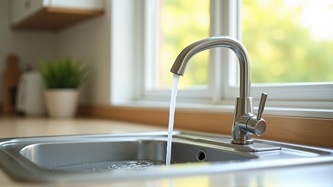 修理が完了してきれいに水が流れるキッチンの蛇口