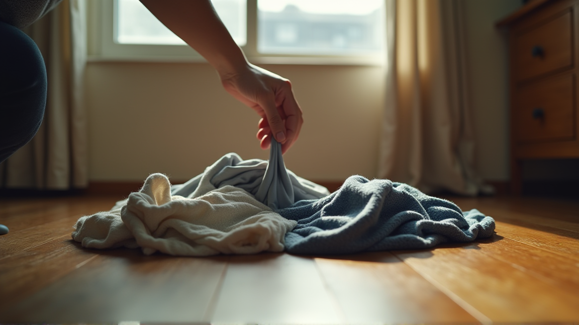 一人暮らしの部屋で衣類を仕分けしている手元