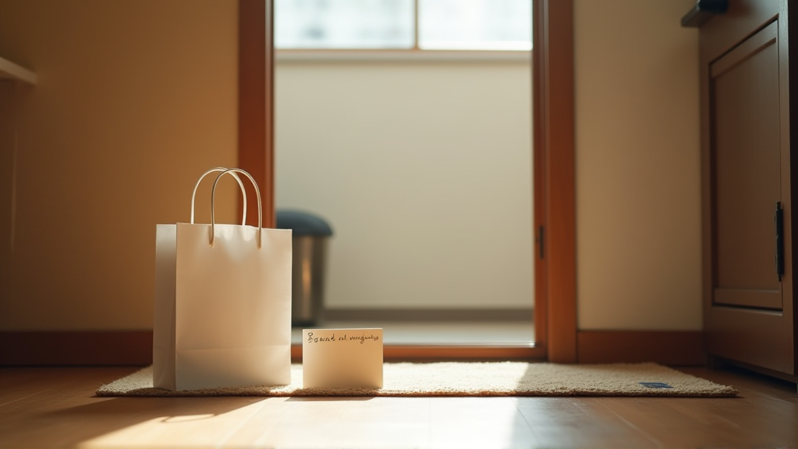 マンションの玄関ドア前に置かれた挨拶用の手土産と手紙