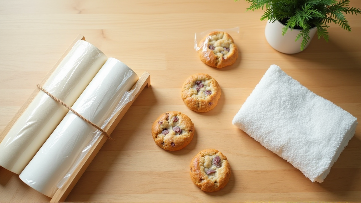 テーブルの上に並んだ引っ越し挨拶用の手土産（焼き菓子・ラップ・タオル）