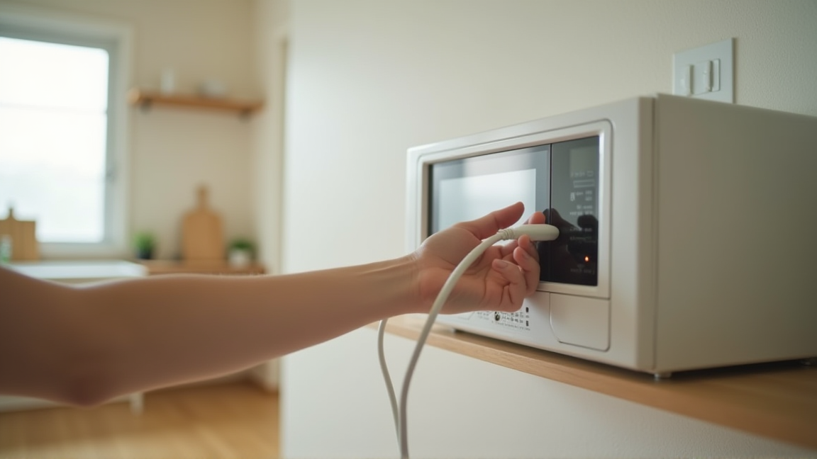 電子レンジの電源プラグを抜く手元