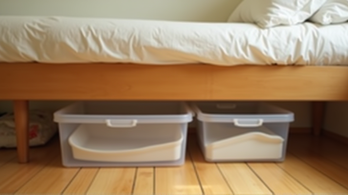 収納付きベッドの下に衣装ケースが並んでいる様子