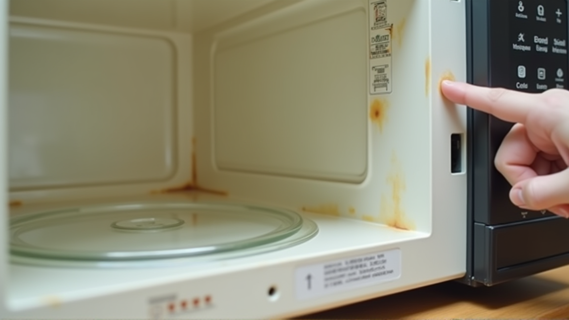 電子レンジ庫内の汚れや劣化を確認する様子