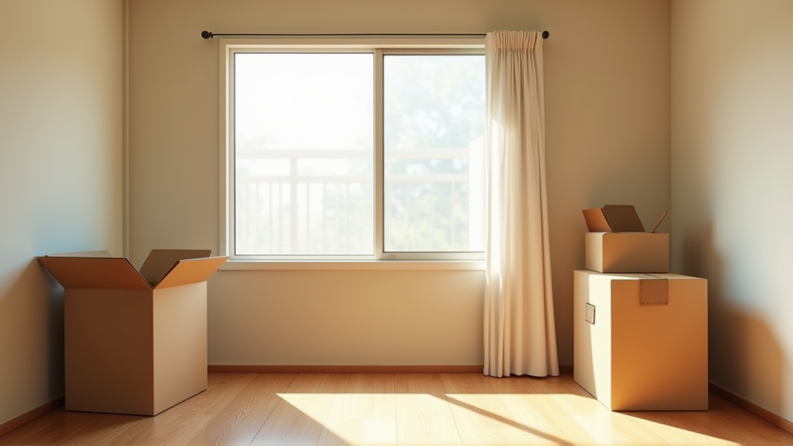 新生活が始まったワンルームの部屋と窓から差し込む朝日