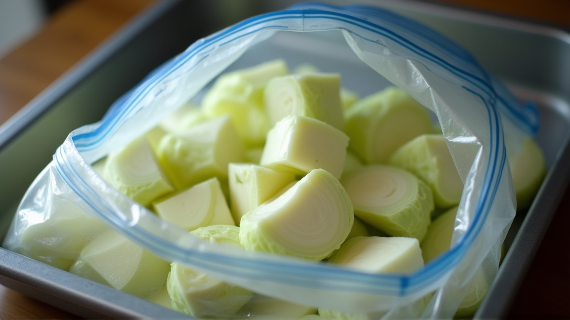 冷凍保存袋に入れた白菜を金属トレーに載せて冷凍庫に入れる様子