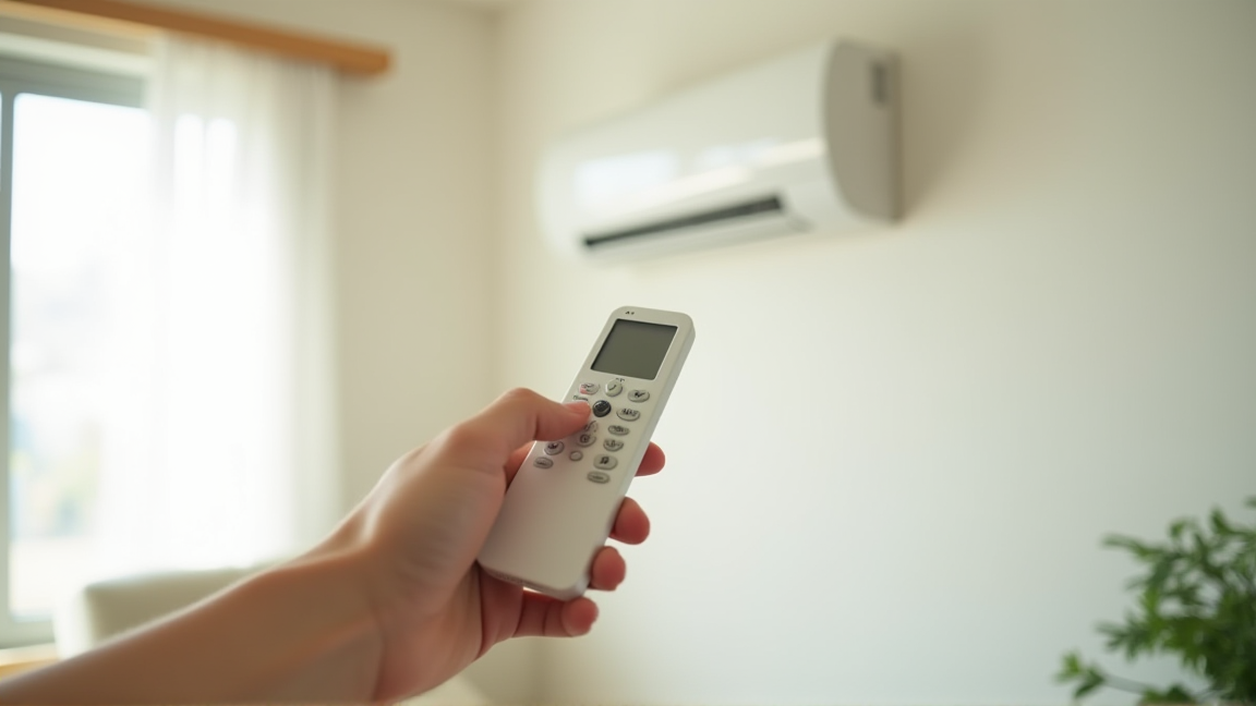 エアコンのリモコンを手に持ち操作している様子