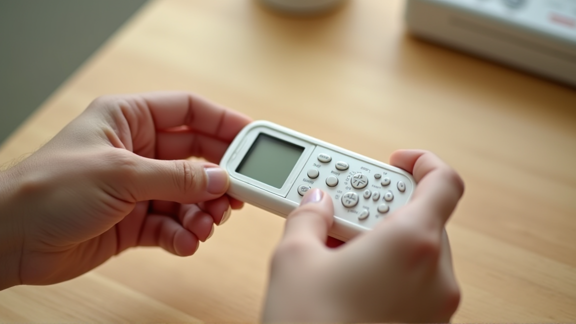 エアコンのリモコンの電池蓋を開けて電池を交換する手元