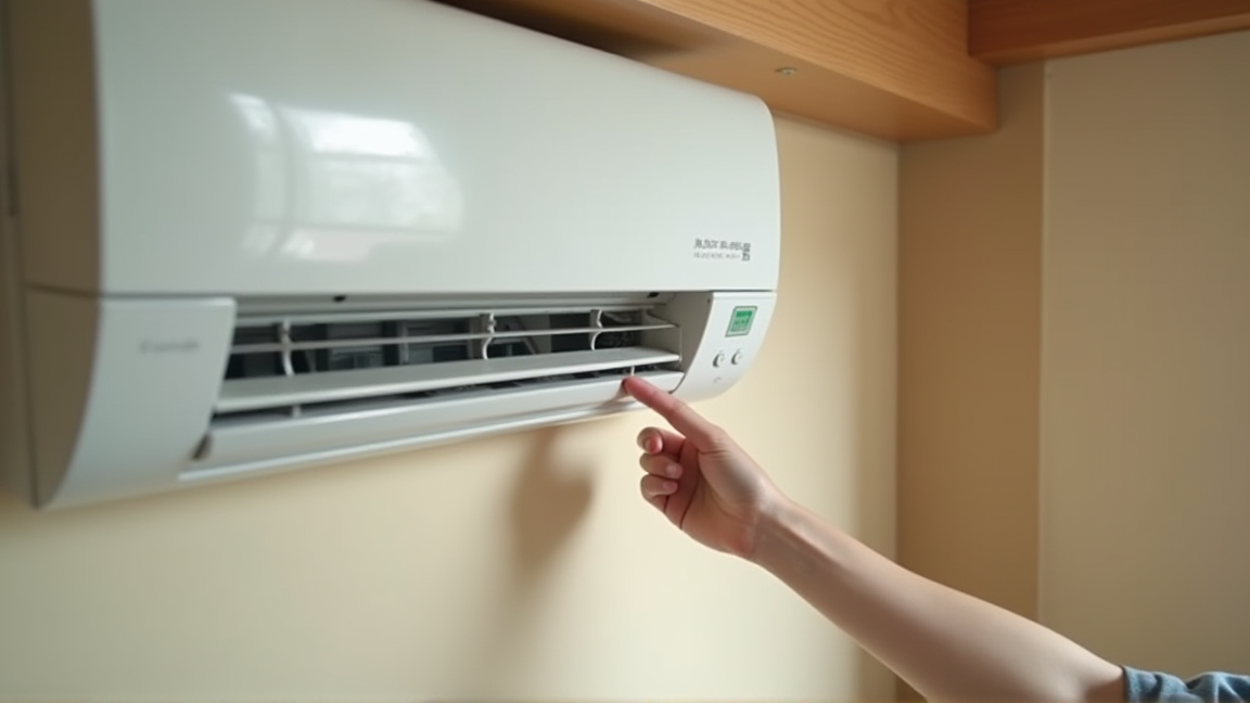 エアコン本体の前面パネルを開けて応急運転ボタンを押す様子