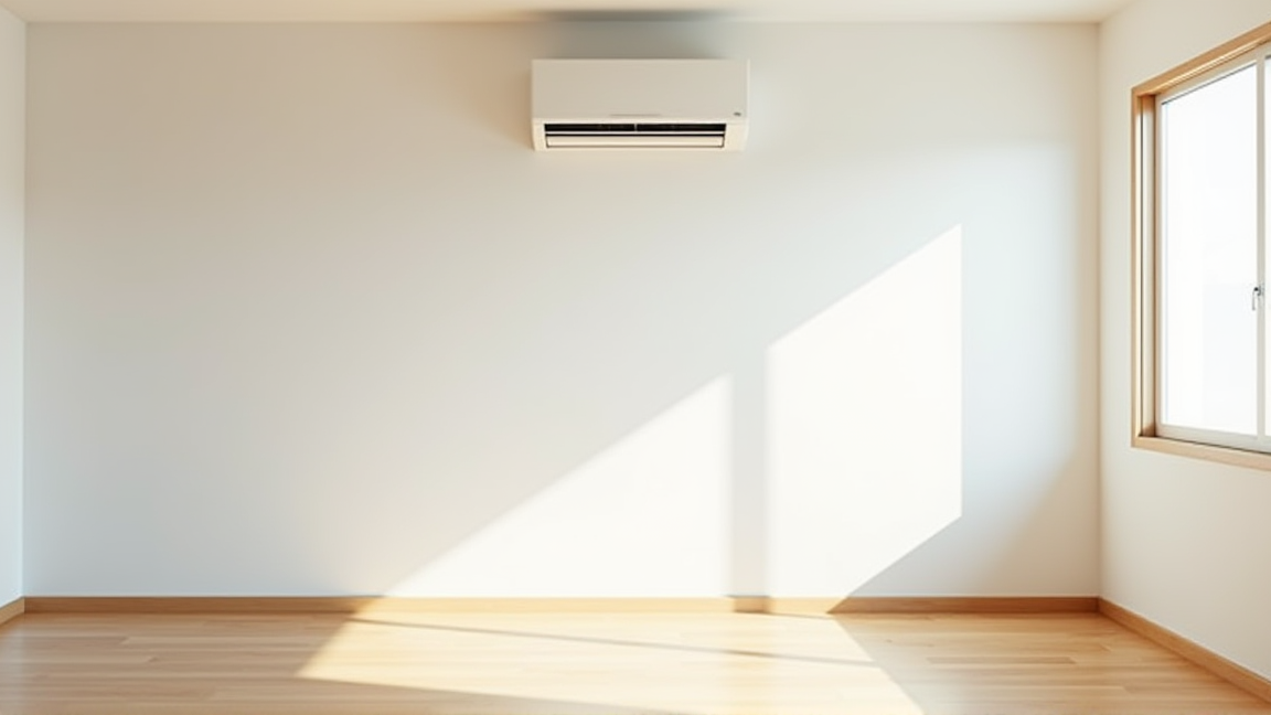 清潔に整ったリビングに設置されたエアコンの全体像
