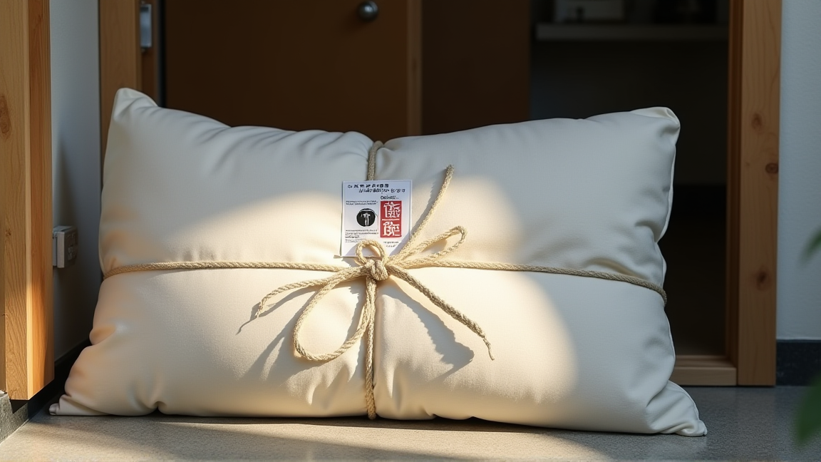 粗大ゴミ処理券を布団に貼り付ける様子