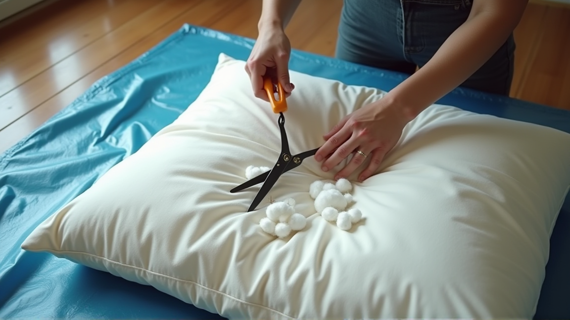 布団を裁ちばさみで切って可燃ゴミ袋に入れる作業