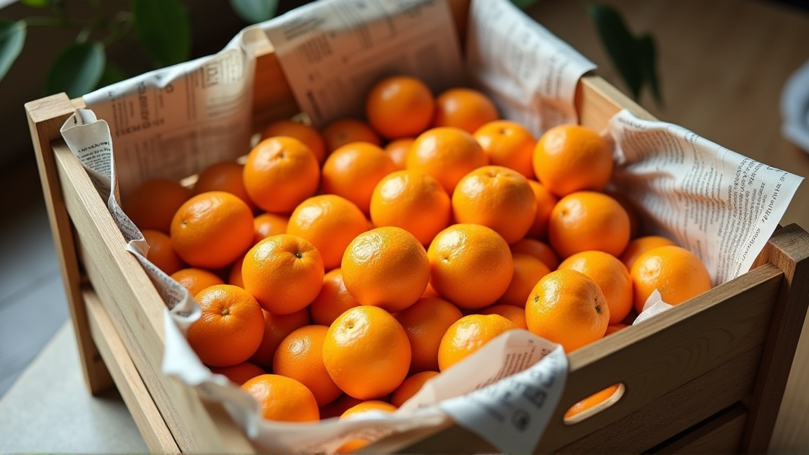 箱に入ったみかんを新聞紙で仕分けている様子