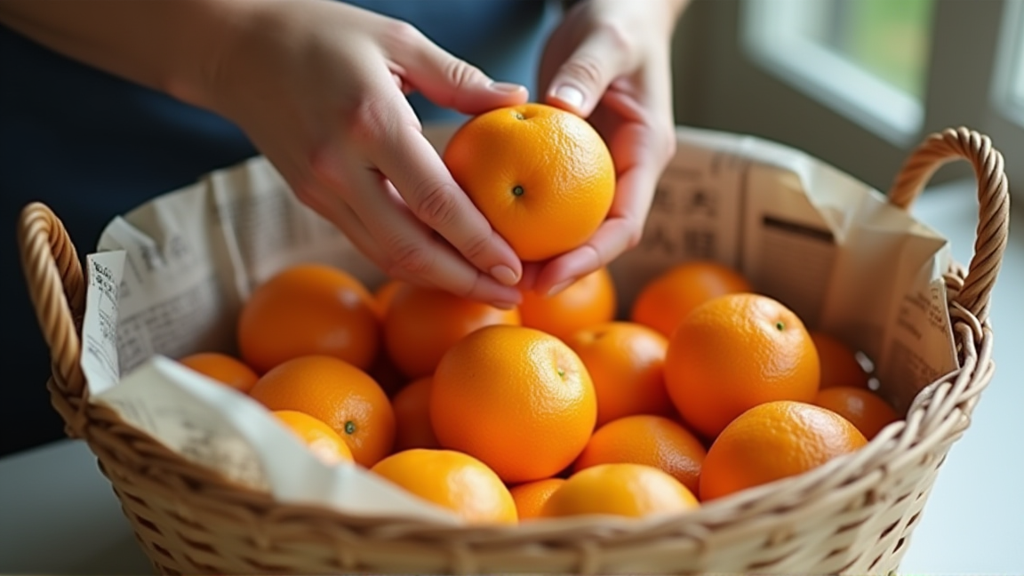 みかんをヘタを下にしてかごに並べている手元