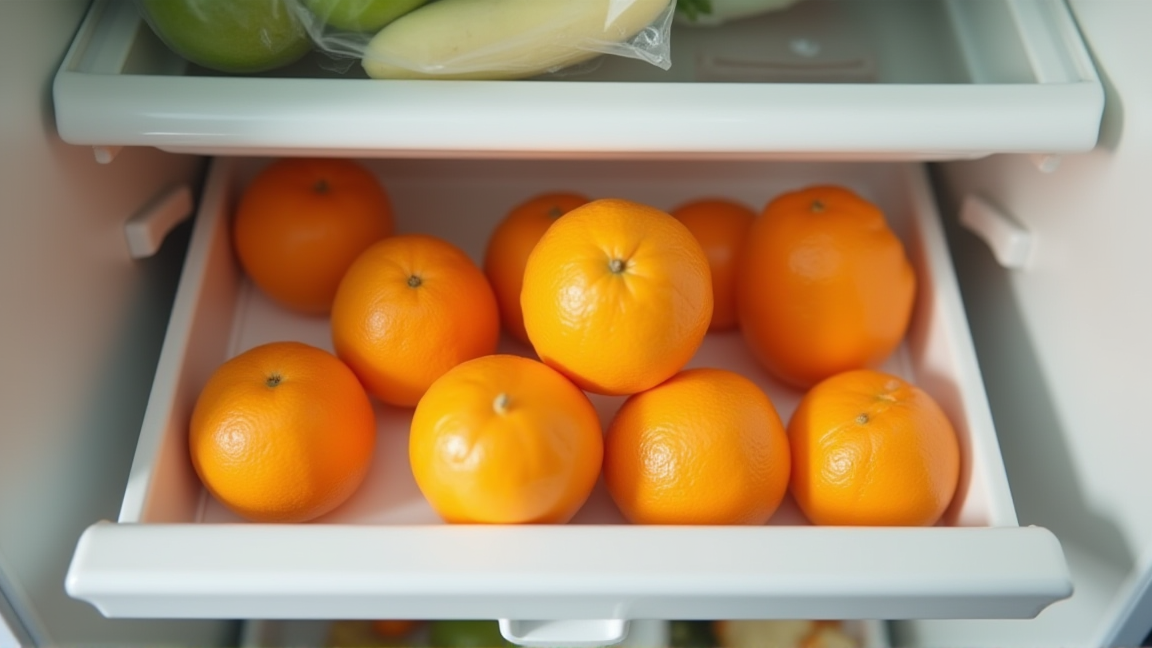 冷蔵庫の野菜室にみかんを入れている様子