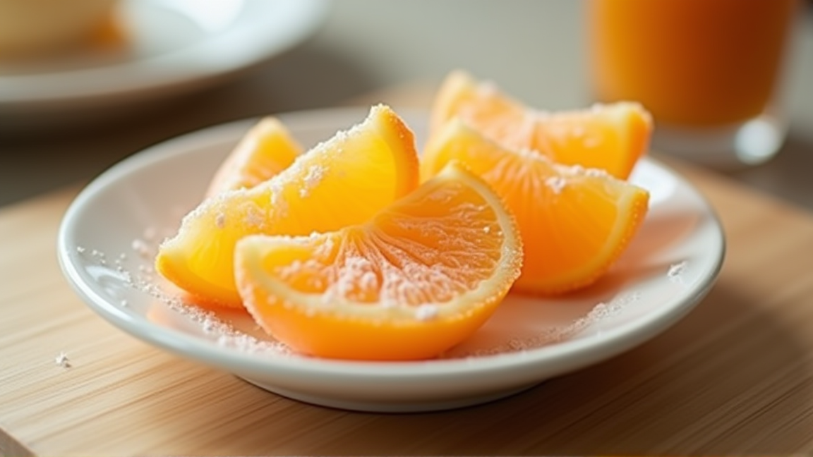 冷凍したみかんの房を皿に盛り付けた様子