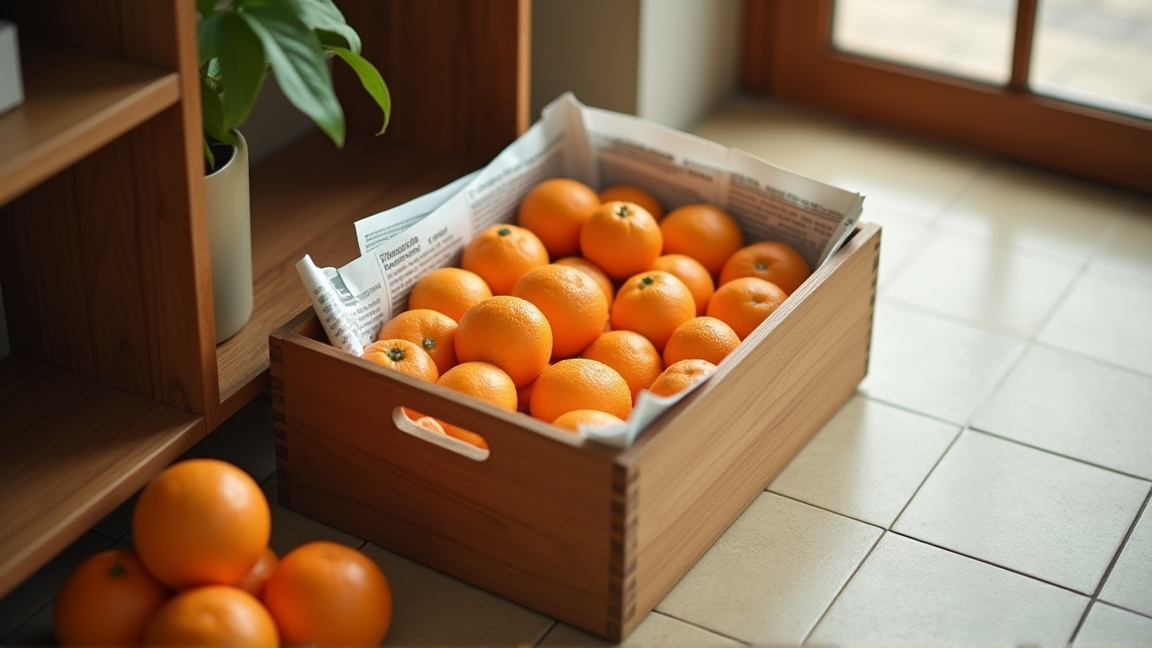 きれいに保存されたみかんが並ぶ涼しい玄関先