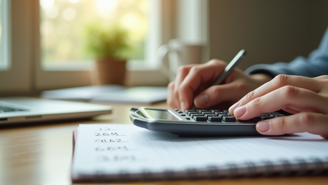 電卓とノートで家計を計算している手元