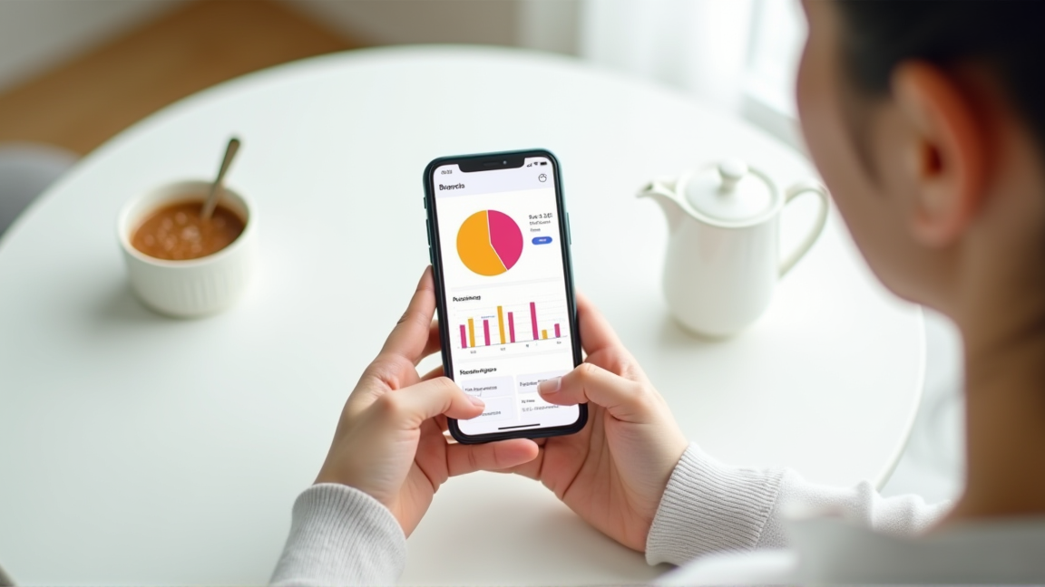 スマートフォンの家計簿アプリを操作する手元