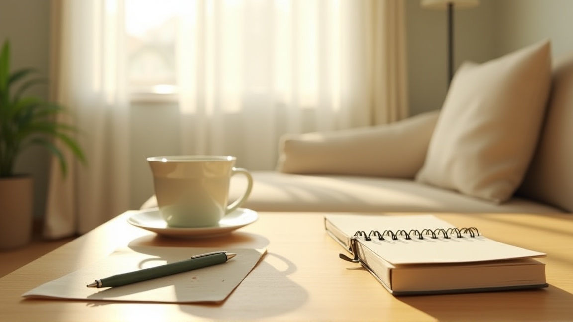 明るいリビングで家計の計画を立てるテーブル周り