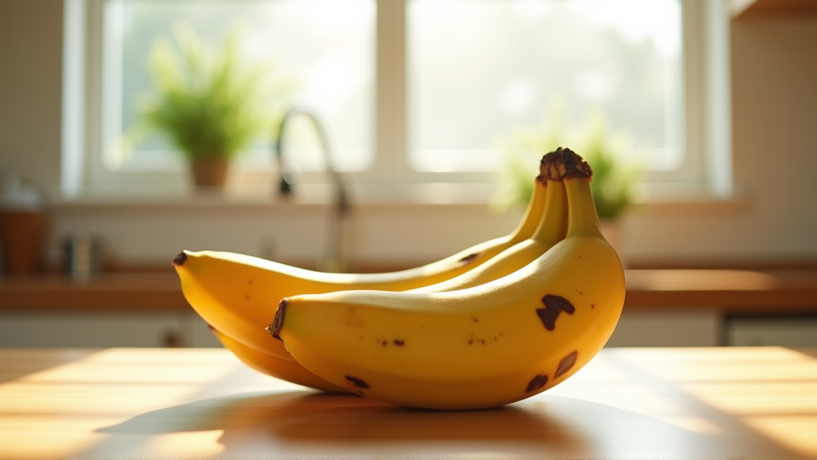 夏の台所に置かれたバナナが黒ずんでいる様子