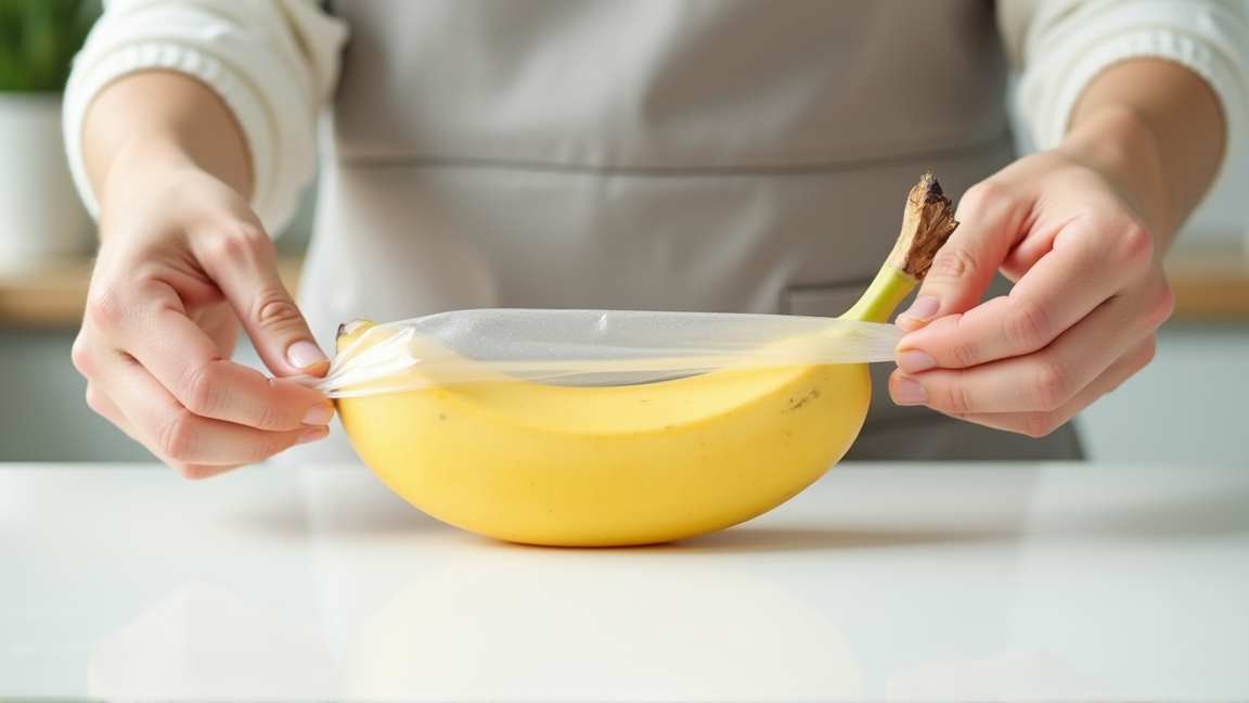 バナナの茎をラップで巻いている手元のアップ