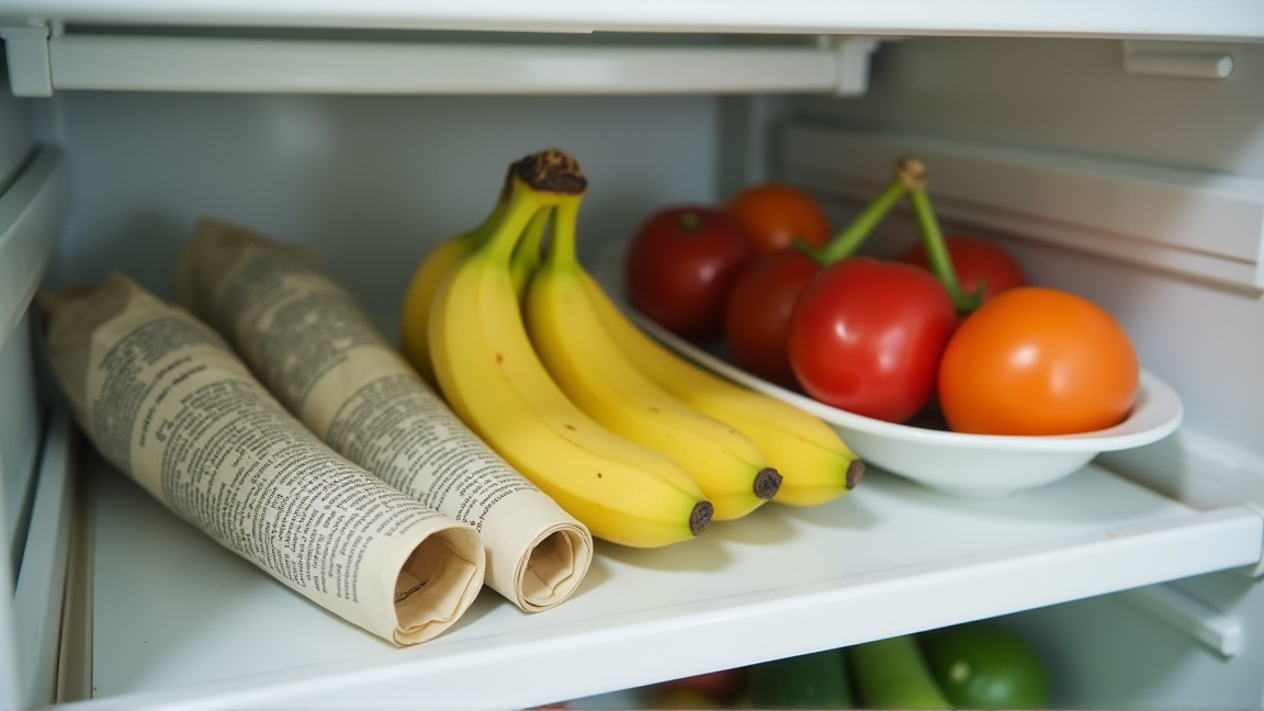 冷蔵庫の野菜室に新聞紙で包まれたバナナが入っている様子