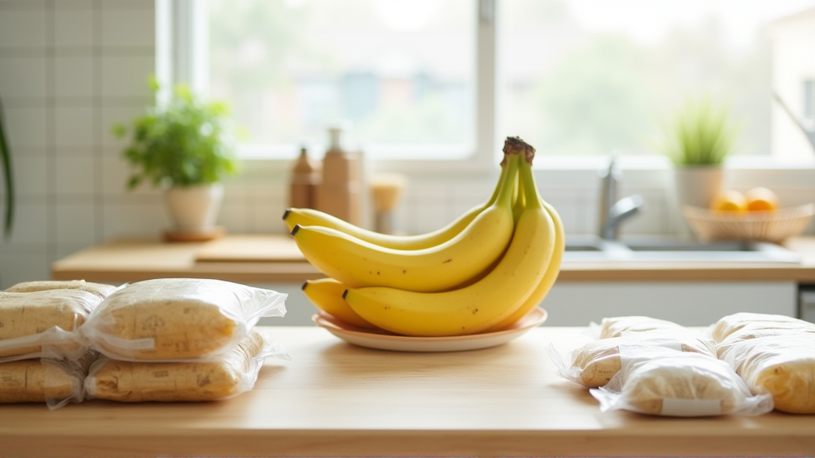 きれいに保存されたバナナが並ぶ明るいキッチンカウンター