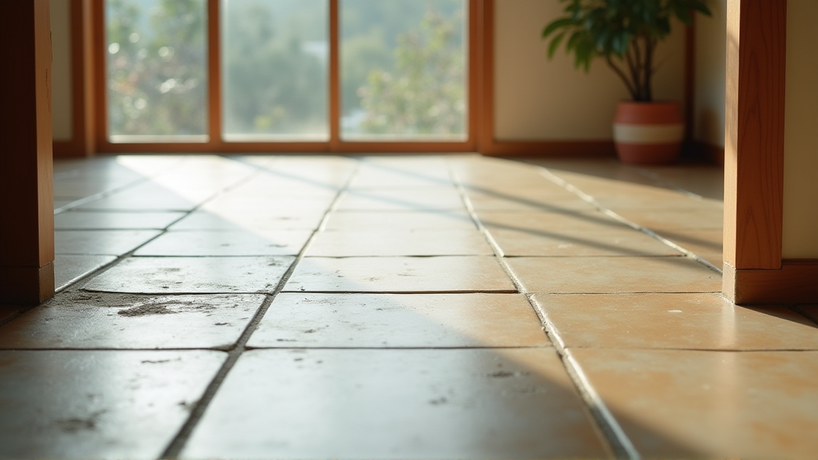 玄関タイルについた泥汚れと黒ずみの様子