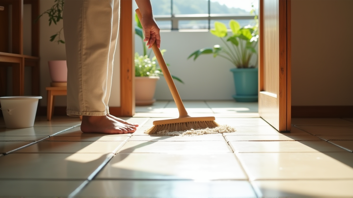デッキブラシで玄関タイルを掃除している手元