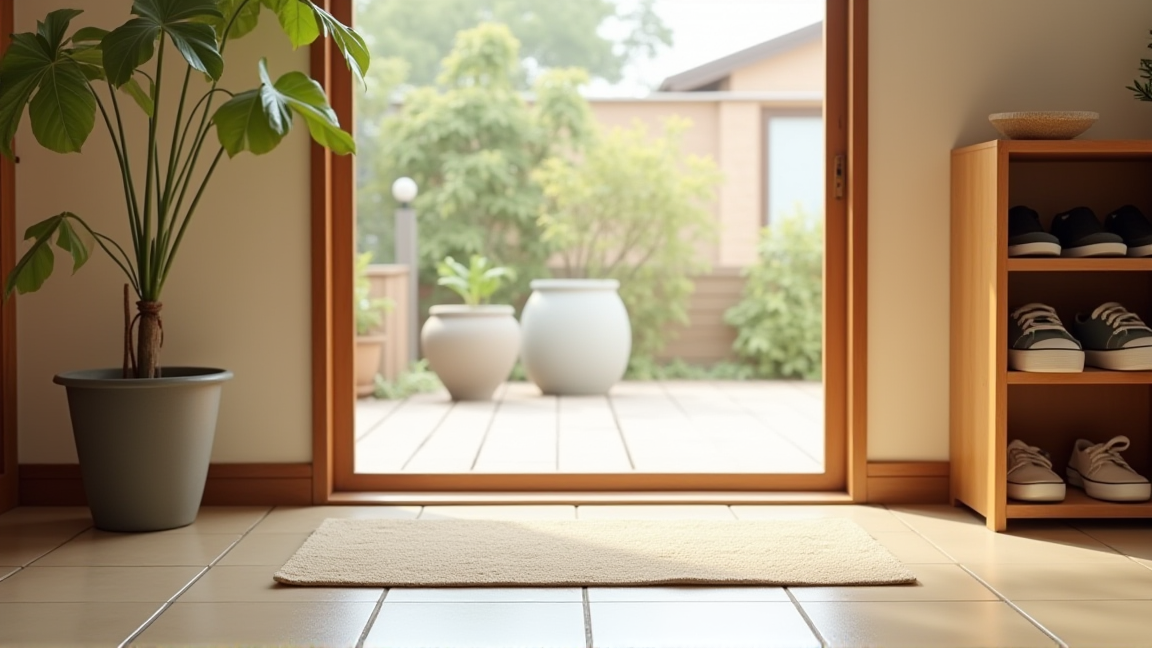 玄関に敷かれた泥落としマットときれいなタイル