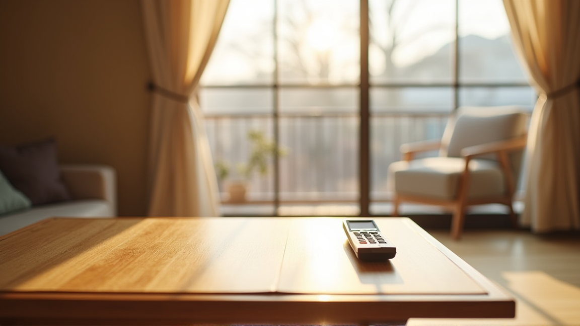 こたつとエアコンのリモコンが並んだリビングの様子