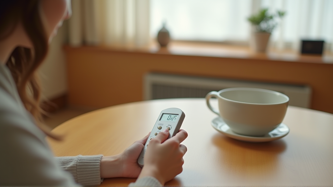 こたつに入りながらエアコンの設定温度を下げている手元