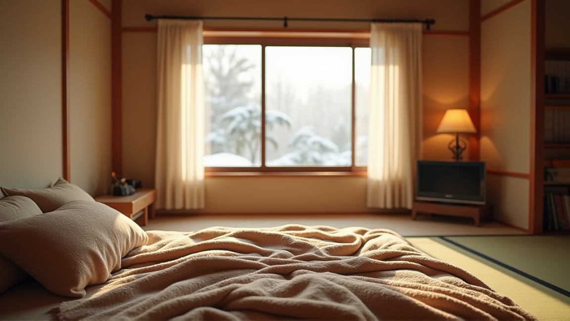 暖かいこたつのある和室リビングの全景